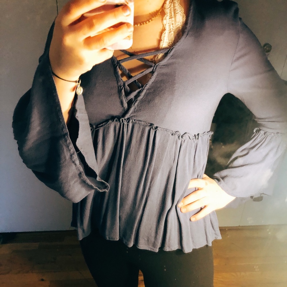 purple fit and flare long sleeve shirt